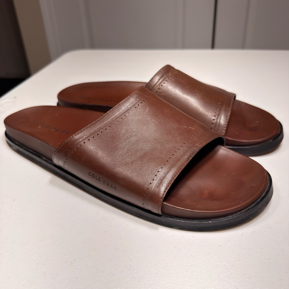 Cole Haan Mens Leather Slide Sandals Brown Grand Perforated Slides Size 12 M - Picture 3 of 12